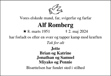 Dødsannoncen for Alf Romberg - vordingborg