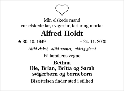 Dødsannoncen for Alfred Holdt - Aabenraa/ Kolding 