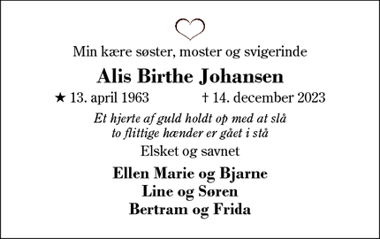 Dødsannoncen for Alis Birthe Johansen - 7480 vildbjerg 