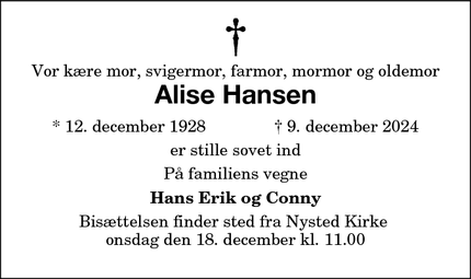 Dødsannoncen for Alise Hansen - Nysted