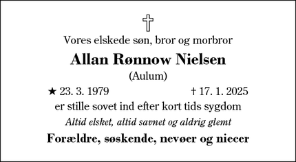 Dødsannoncen for Allan Rønnow Nielsen - Aulum 