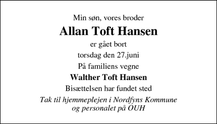 Dødsannoncen for Allan Toft Hansen - Bogense