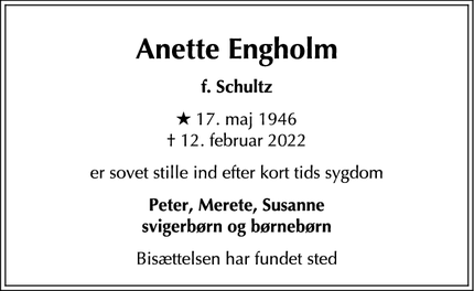 Dødsannoncen for Anette Engholm - Nærum