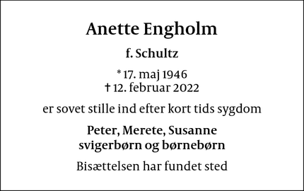 Dødsannoncen for Anette Engholm - Nærum