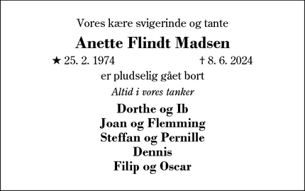 Dødsannoncen for Anette Flindt Madsen - Karup J