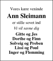 Dødsannoncen for Ann Sleimann - lemvigh