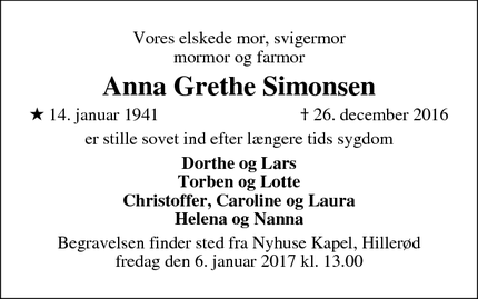 Dødsannoncen for Anna Grethe Simonsen - Hillerød