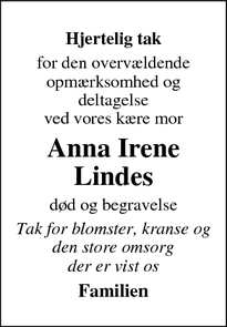 Taksigelsen for Anna Irene
Lindes - Holstebro