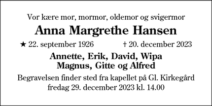 Dødsannoncen for Anna Margrethe Hansen - Kolding