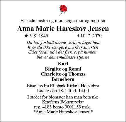 Dødsannoncen for Anna Marie Hareskov Jensen - Holstebro