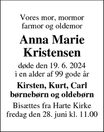 Dødsannoncen for Anna Marie
Kristensen - Lunderskov