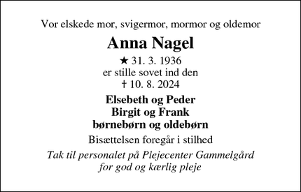 Dødsannoncen for Anna Nagel - Skive