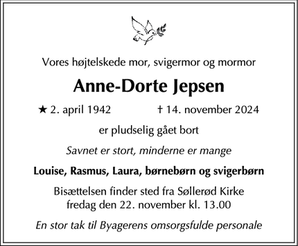 Dødsannoncen for Anne-Dorte Jepsen - Holte