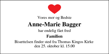 Dødsannoncen for Anne-Marie Bagger - Odense S