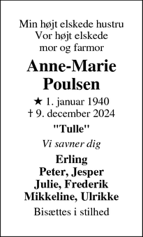 Dødsannoncen for Anne-Marie Poulsen - Rødovre