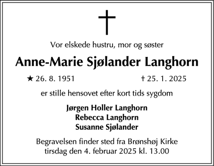 Dødsannoncen for Anne-Marie Sjølander Langhorn - København NV