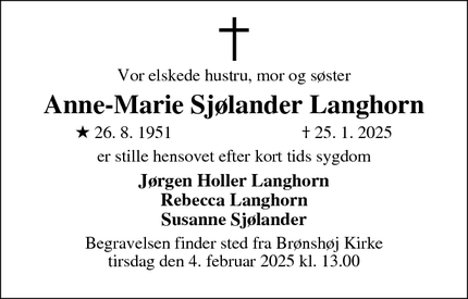 Dødsannoncen for Anne-Marie Sjølander Langhorn - København NV