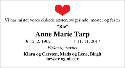 Dødsannoncen for Anne Marie Tarp - Esbjerg