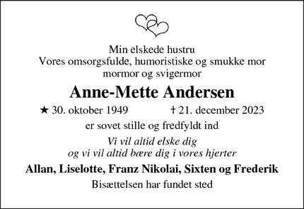 Dødsannoncen for Anne-Mette Andersen - 8500 Grenå