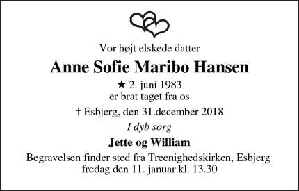 Dødsannoncen for Anne Sofie Maribo Hansen - Esbjerg