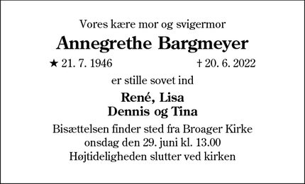 Dødsannoncen for Annegrethe Bargmeyer - Sønderborg