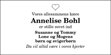 Dødsannoncen for Annelise Bohl - Hadsund