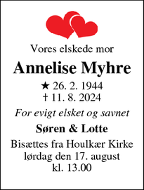 Dødsannoncen for Annelise Myhre - Viborg