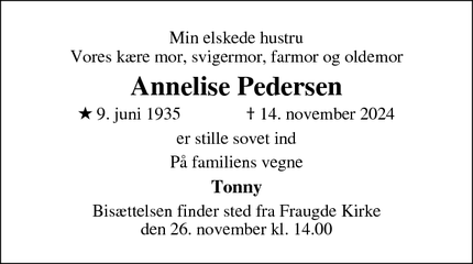 Dødsannoncen for Annelise Pedersen - fraugde