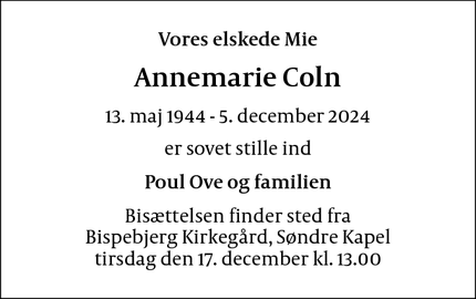 Dødsannoncen for Annemarie Coln - KØBENHAVN SV