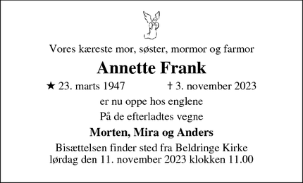 Dødsannoncen for Annette Frank - Præstø