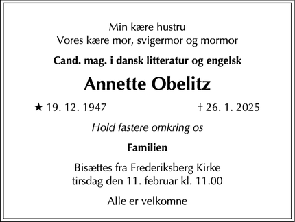 Dødsannoncen for Annette Obelitz - Frederiksberg