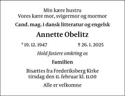 Dødsannoncen for Annette Obelitz - Frederiksberg