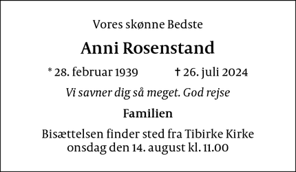 Dødsannoncen for Anni Rosenstand - Tisvildeleje