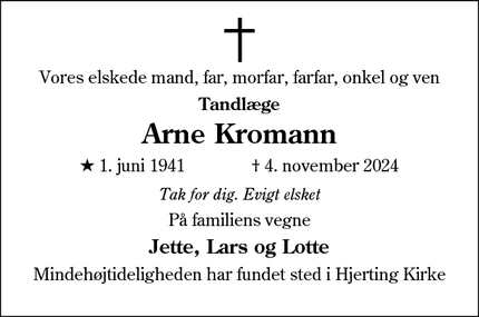 Dødsannoncen for Arne Kromann - Esbjerg