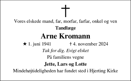 Dødsannoncen for Arne Kromann - Esbjerg