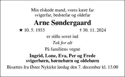 Dødsannoncen for Arne Søndergaard - Tranbjerg J