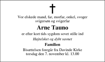 Dødsannoncen for Arne Tauno - Davinde 