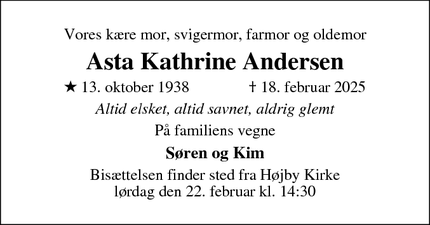 Dødsannoncen for Asta Kathrine Andersen - Odense S