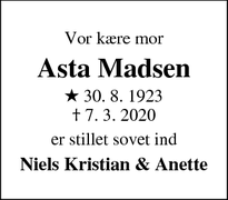 Dødsannoncen for Asta Madsen - Lemvig