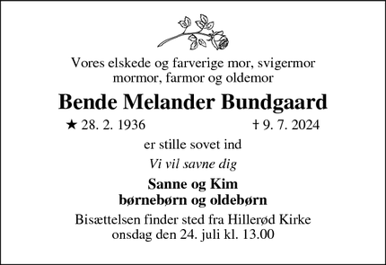 Dødsannoncen for Bende Melander Bundgaard - Hillerød