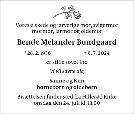 Dødsannoncen for Bende Melander Bundgaard - Hillerød