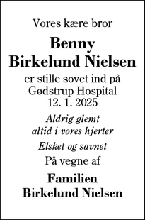 Dødsannoncen for Benny
Birkelund Nielsen - Ringkøbing