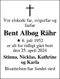 Dødsannoncen for Bent Albøg Rähr - Ballerup
