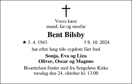 Dødsannoncen for Bent Bilsby - Sengeløse