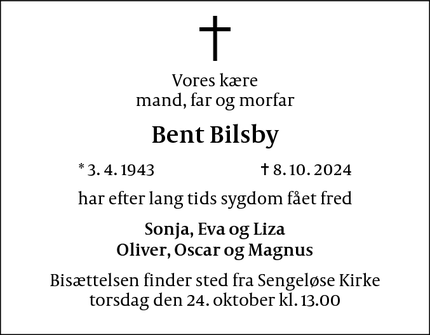 Dødsannoncen for Bent Bilsby - Sengeløse