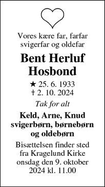 Dødsannoncen for Bent Herluf
Hosbond - Silkeborg