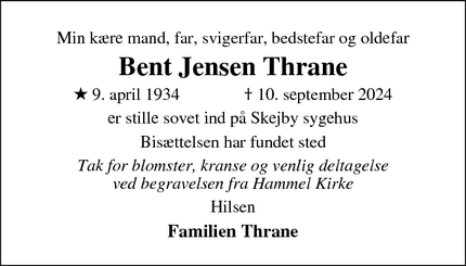 Dødsannoncen for Bent Jensen Thrane - Hammel