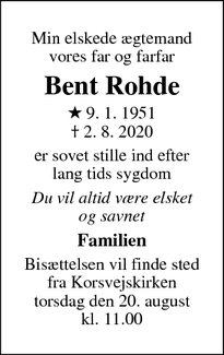 Dødsannoncen for Bent Rohde - Amager