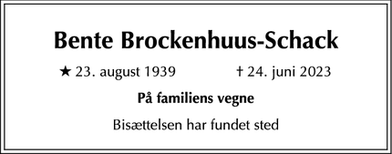 Dødsannoncen for Bente Brockenhuus-Schack - Mogenstrup