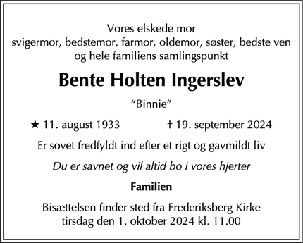 Dødsannoncen for Bente Holten Ingerslev - Valby